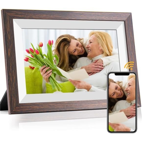 10.1 Inch Smart Digital Photo Frame with16GB Storage (Brown Wood Frame)